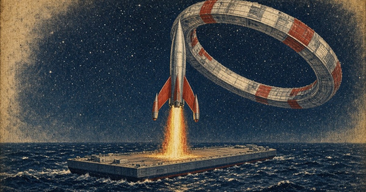 Pulp sci-fi illustration of a chrome rocket with red fins landing on an ocean drone ship beneath a ring-shaped space habitat