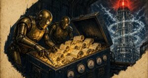 1950s pulp illustration of brass robots opening a vault of glowing customer scrolls beneath a chrome energy tower with a red beacon