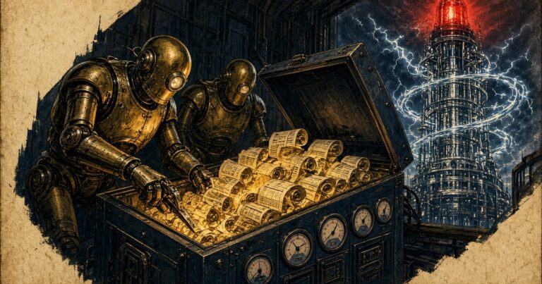 1950s pulp illustration of brass robots opening a vault of glowing customer scrolls beneath a chrome energy tower with a red beacon