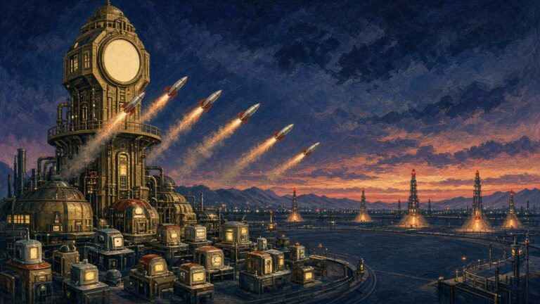 Pulp sci-fi illustration of a brass clock tower launching red-finned rockets towards a chain of distant beacon towers