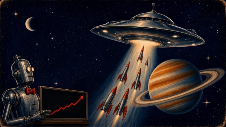 1950s pulp-style illustration of a chrome flying saucer drawing smaller rockets into its tractor beam above a ringed planet, while a robot in a bow tie watches a rising stock chart.