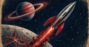 Original pulp-style illustration of a rocket and ring habitat — not a book cover; created for this Opinion piece