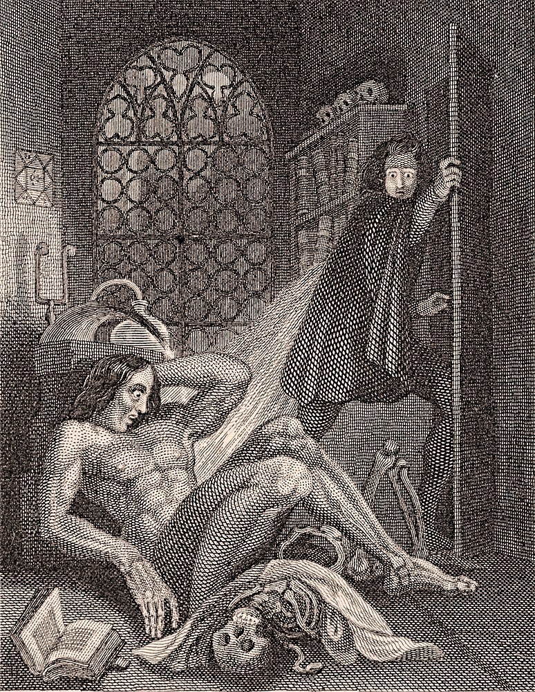1831 Frankenstein frontispiece by Theodor von Holst: creature awakens on the floor while Victor flees