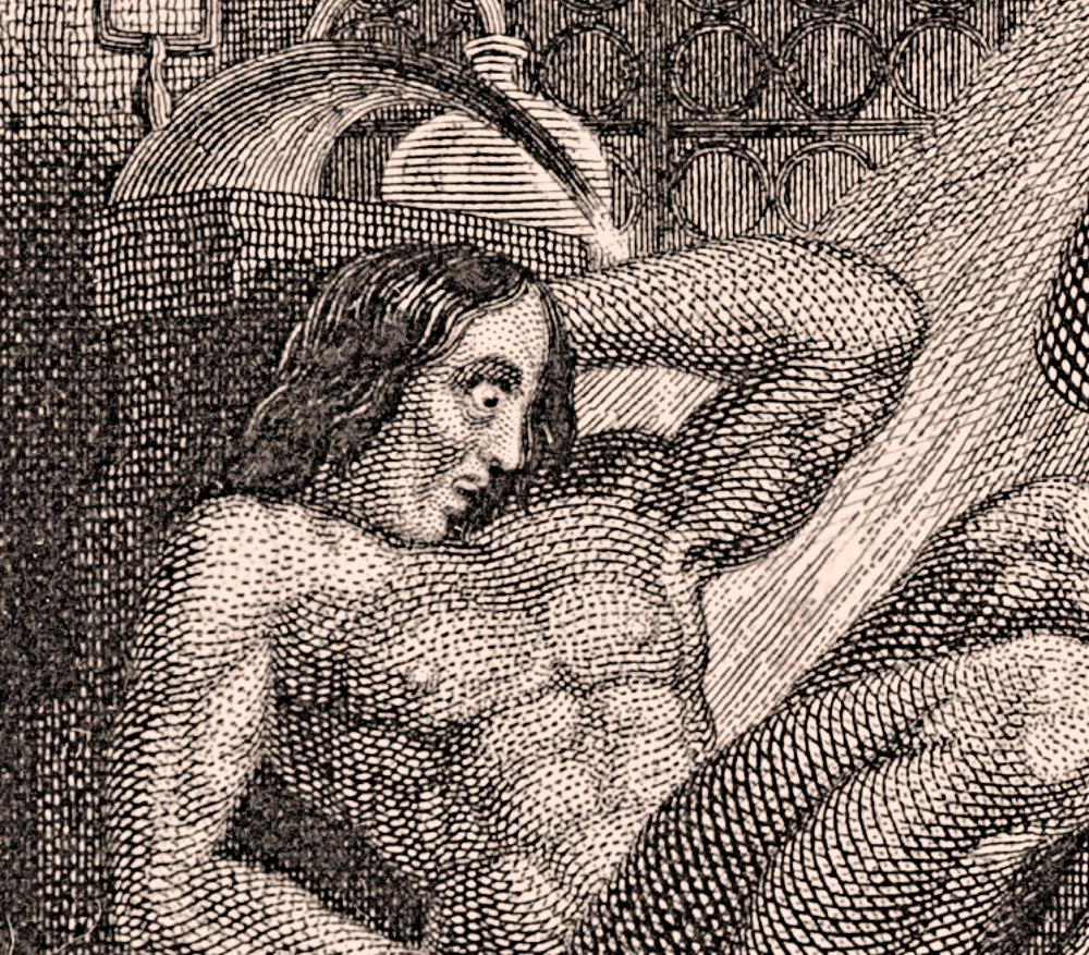 Detail crop: cross-hatched engraving of the creature’s face and raised hand