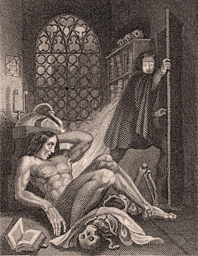 1831 Frankenstein frontispiece: creature awakens on the floor while Victor flees