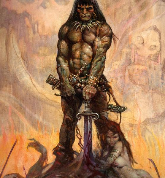Detail crop: Conan’s torso, hands on sword hilt, blood on the blade