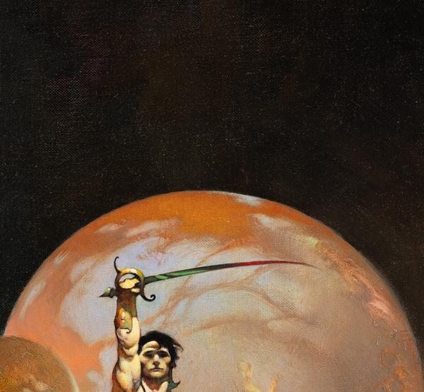 Detail crop of Frazetta Princess of Mars: brush highlights on Carter and Dejah Thoris