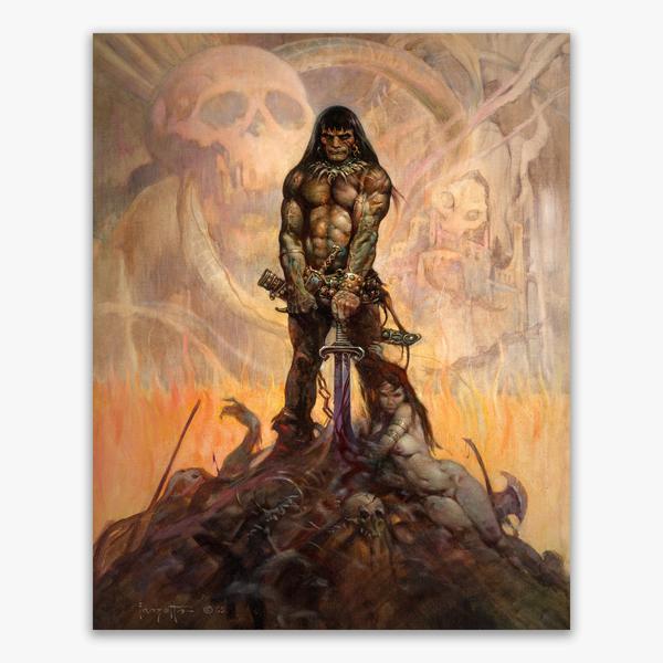 Frank Frazetta The Barbarian 1966: Conan on a mound of dead, giant skull behind, firelight