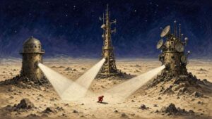 Pulp sci-fi illustration of three brass watchtowers sweeping searchlights across a night desert, with a small red-suited figure below