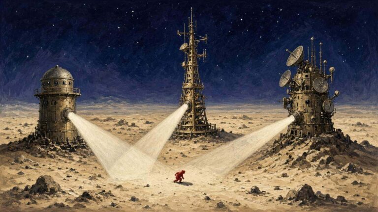 Pulp sci-fi illustration of three brass watchtowers sweeping searchlights across a night desert, with a small red-suited figure below