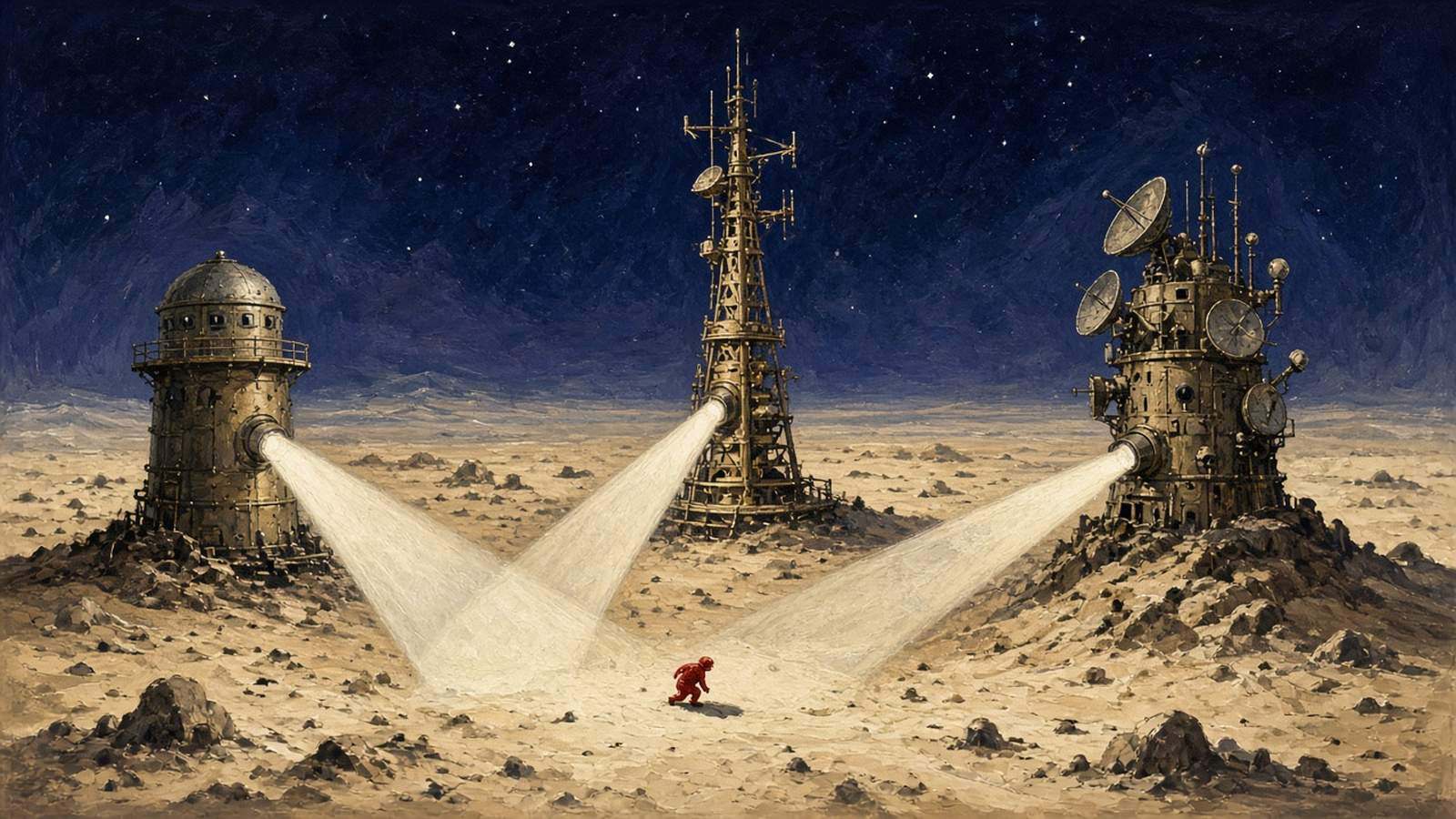 Pulp sci-fi illustration of three brass watchtowers sweeping searchlights across a night desert, with a small red-suited figure below
