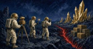 Pulp sci-fi illustration of three explorers sweeping brass detectors over cargo crates, one crate showing a glowing red crack