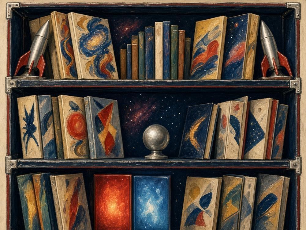 Original pulp-style illustration of a crowded SF paperback shelf — created for this Opinion piece