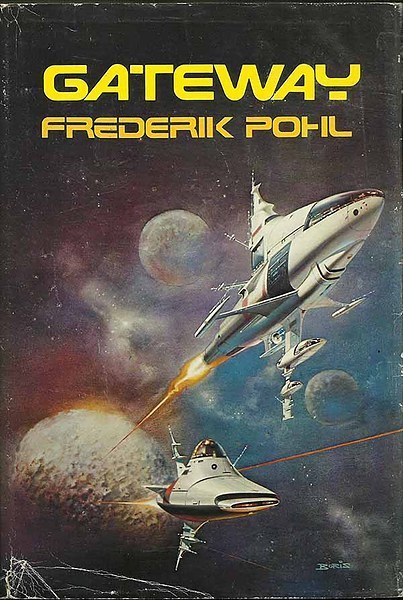 Boris Vallejo Gateway cover: white ships against nebulae and cratered moons