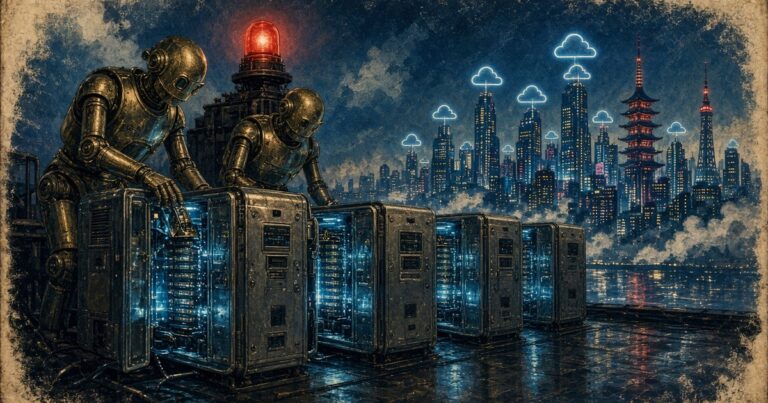 1950s pulp illustration of brass robots shutting down glowing chrome server towers under a red beacon against a neon Tokyo cloud skyline