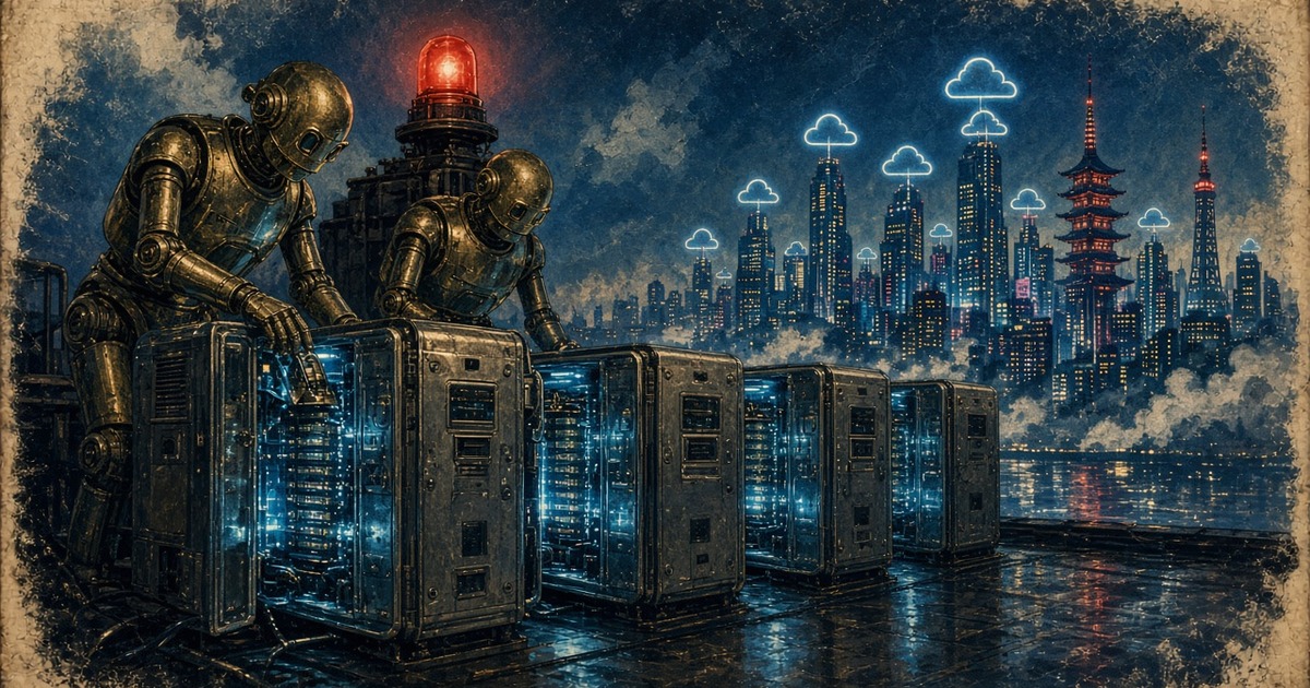 1950s pulp illustration of brass robots shutting down glowing chrome server towers under a red beacon against a neon Tokyo cloud skyline