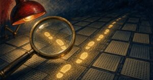 Brass magnifying glass over glowing footprints on a punch-card floor under a red lamp, tracing BeyondTrust appliance post-exploitation paths, navy red and chrome on aged paper, no text