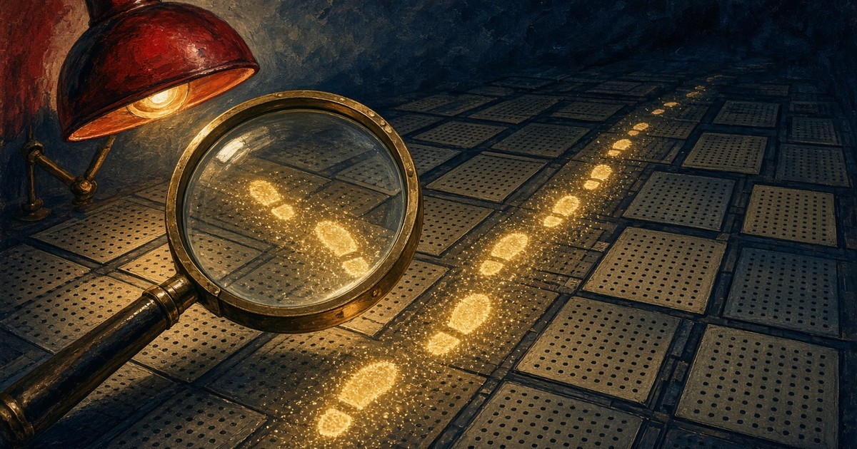 Brass magnifying glass over glowing footprints on a punch-card floor under a red lamp, tracing BeyondTrust appliance post-exploitation paths, navy red and chrome on aged paper, no text