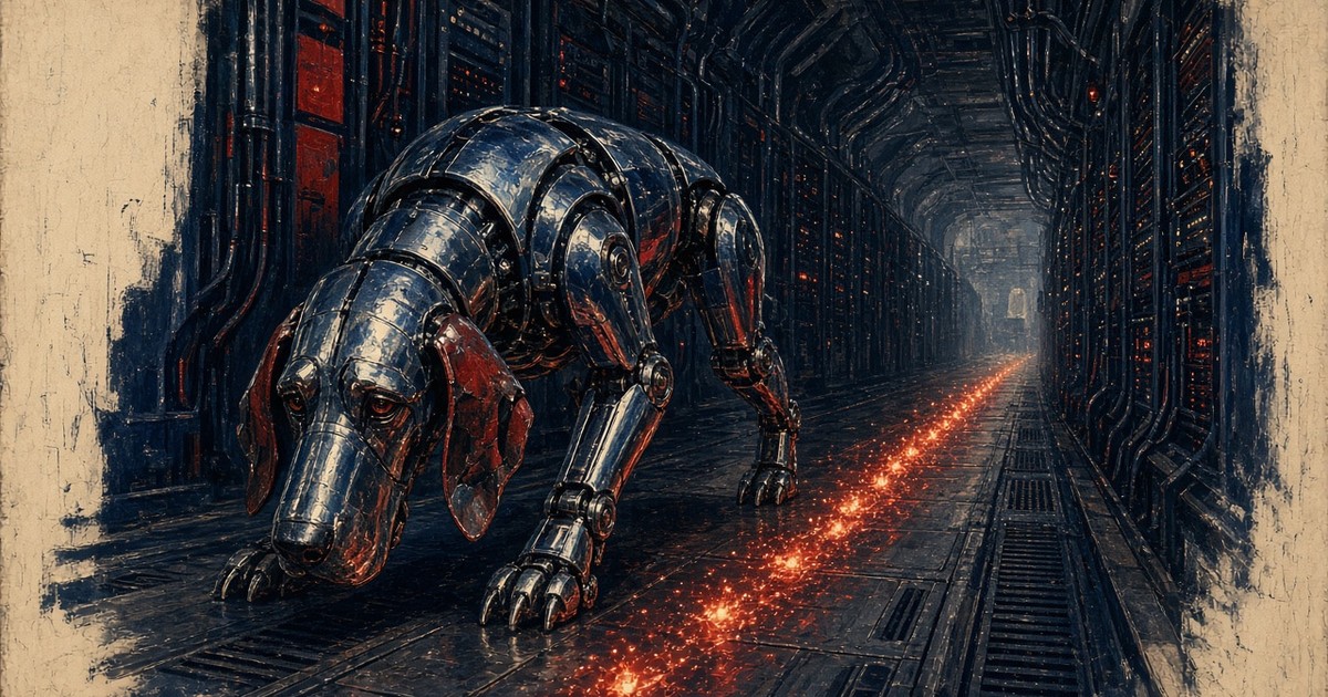Chrome bloodhound robot sniffing a trail of glowing sparks through a server corridor, hunting Ivanti Connect Secure header mismatch signals, navy red and chrome on aged paper, no text