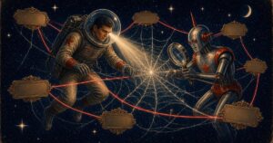 1950s pulp-style illustration of a bubble-helmeted astronaut and chrome robot tracing a glowing spiderweb of floating brass plaques across deep space with a spotlight and magnifying glass, navy red and chrome on aged paper