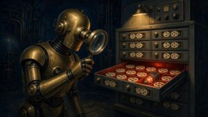 Pulp-style illustration of a brass detective robot with a magnifying glass examining a glowing red codec drawer