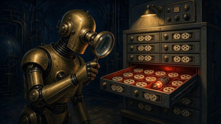 Pulp-style illustration of a brass detective robot with a magnifying glass examining a glowing red codec drawer