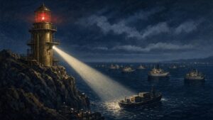 Pulp-style illustration of a lighthouse beam catching a cargo ship at night under a red lamp