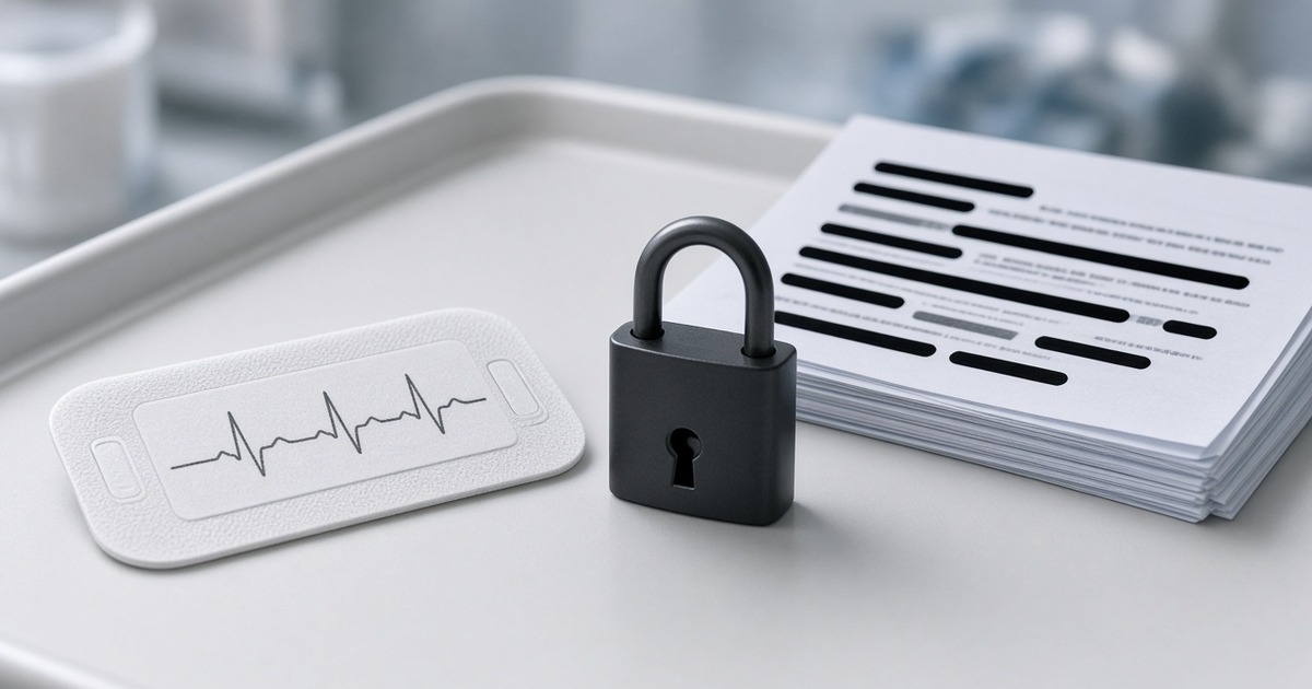 Clinical still-life of a wearable ECG monitor, padlock and redacted patient record cards for the iRhythm breach affecting 8,179,772 people
