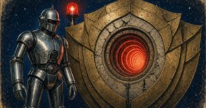 1950s pulp-style illustration of a chrome robot sentry beside layered brass shields with a cracked glowing tunnel gateway in starry navy space, red beacon, aged paper, no text