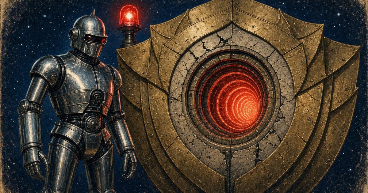 1950s pulp-style illustration of a chrome robot sentry beside layered brass shields with a cracked glowing tunnel gateway in starry navy space, red beacon, aged paper, no text