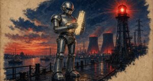 Pulp-style chrome sentinel on a harbour pier holding a glowing sealed scroll beside a red beacon and industrial cooling towers