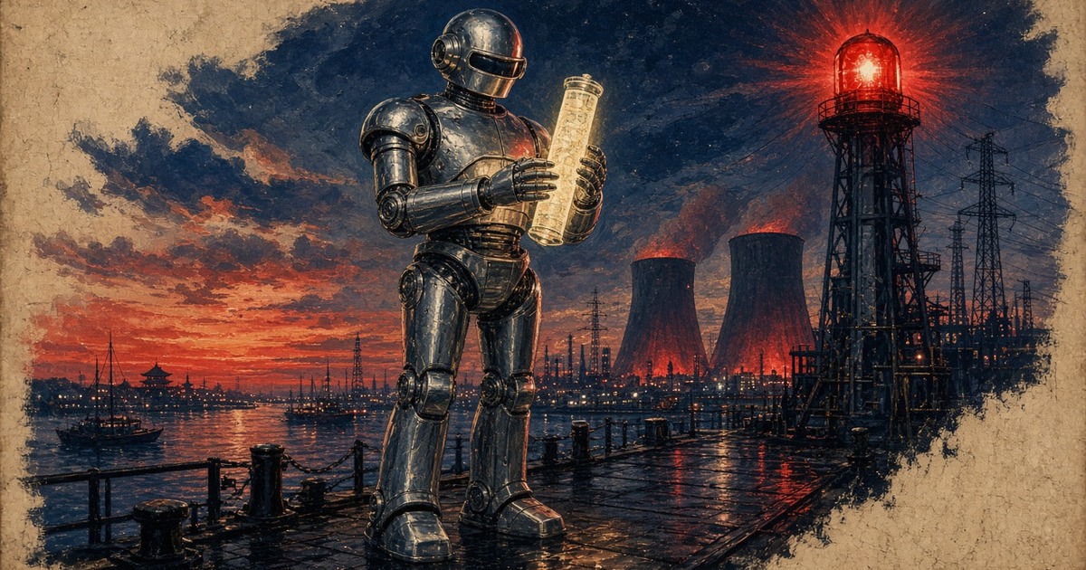 Pulp-style chrome sentinel on a harbour pier holding a glowing sealed scroll beside a red beacon and industrial cooling towers