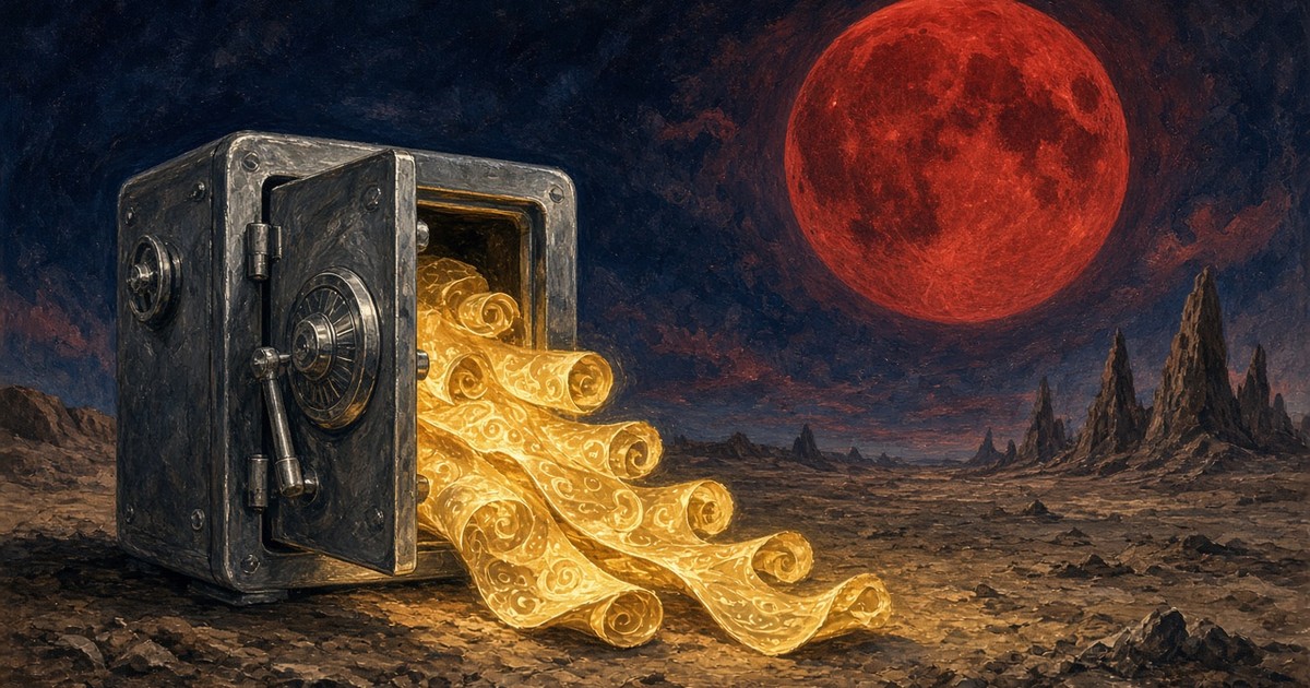 Pulp sci-fi illustration of a chrome safe cracked open with glowing scrolls spilling out under a crimson moon