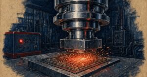 Pulp sci-fi illustration of a huge chrome stamp press branding a glowing circuit plate on a factory floor