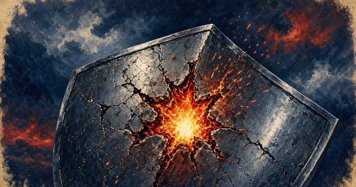 Pulp sci-fi illustration of a cracked chrome shield with a glowing breach in its centre under a navy storm sky