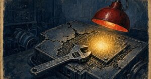 Pulp sci-fi illustration of a chrome wrench and glowing patch plate bolted onto a cracked circuit vault under a red work lamp
