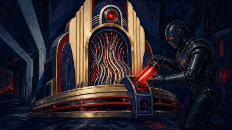 Pulp-style illustration of a rocket-age gateway machine with a sly robot slipping a glowing cartridge into its intake