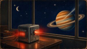 Pulp-style illustration of a small chrome computer glowing red on a wooden desk, with a ringed planet and a crescent moon visible through the window behind it