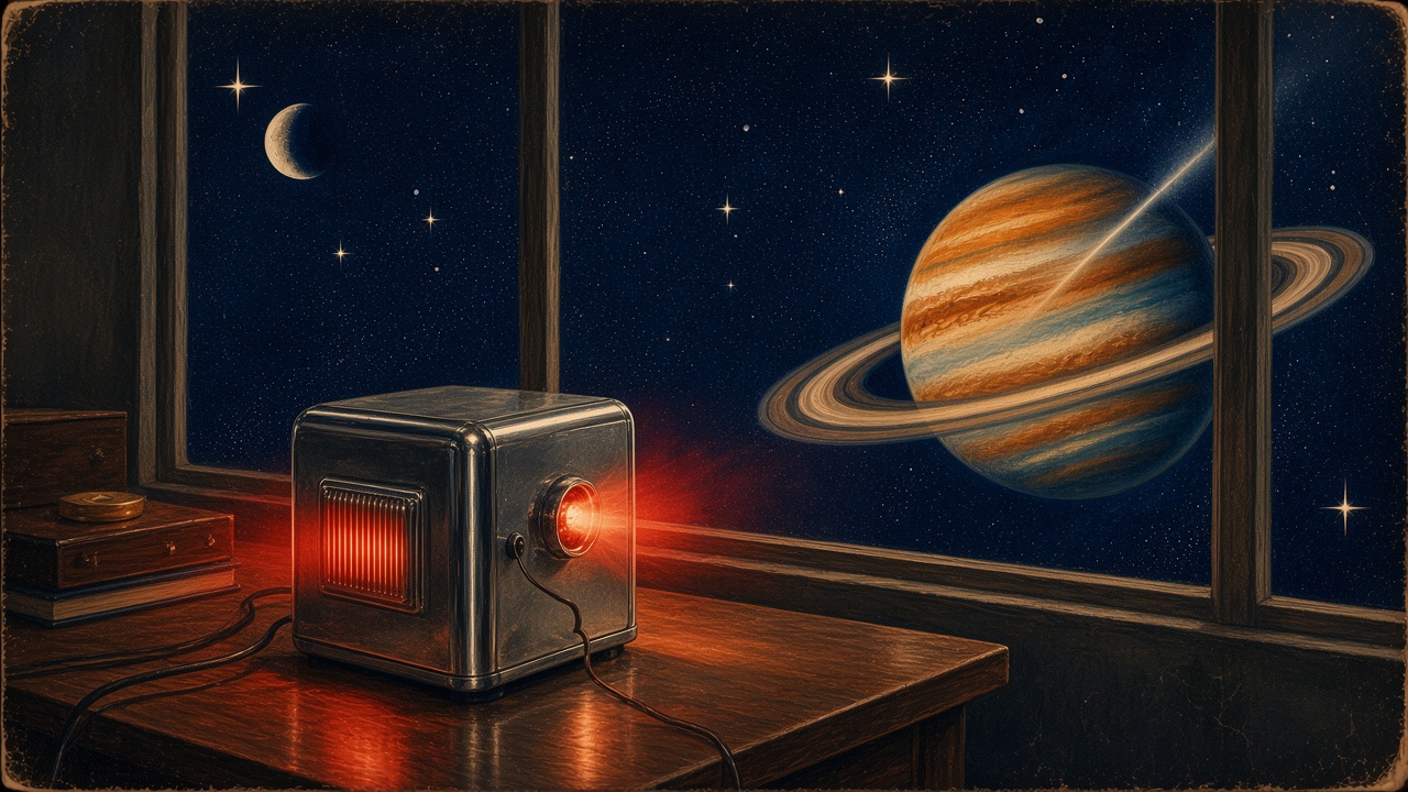 Pulp-style illustration of a small chrome computer glowing red on a wooden desk, with a ringed planet and a crescent moon visible through the window behind it