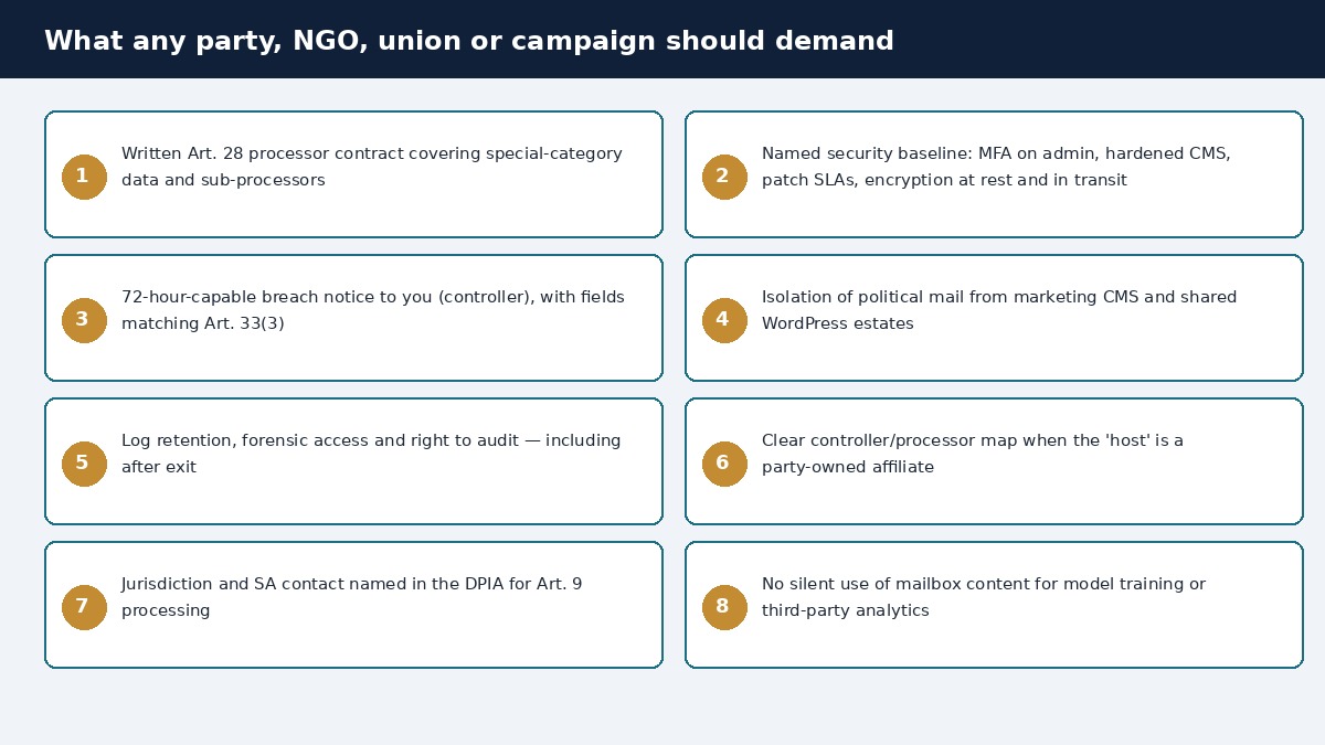Eight-point checklist of contractual and security demands any party, NGO, union or campaign should make of its mail host.