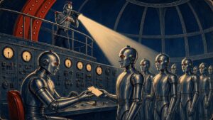 1950s pulp-style illustration of a chrome robot clerk at a riveted control console handing a card to a queue of chrome robots, while a guard on a gantry sweeps a searchlight across them, in navy, red and chrome on aged paper