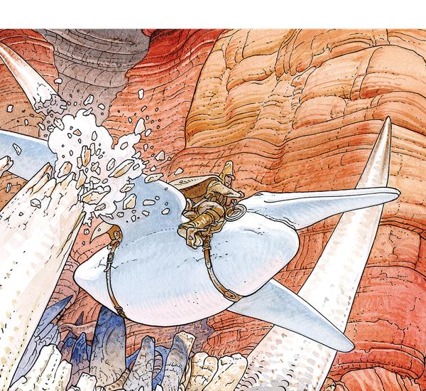 Detail crop: ligne claire debris and textured bone spike at the wing impact