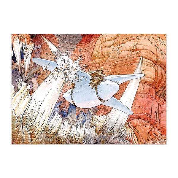 Moebius Échappée belle: Arzak on a winged creature clipping a bone spike in a red canyon