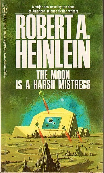 Paul Lehr Berkley 1968 The Moon Is a Harsh Mistress cover: ziggurat and probe ships on a green lunar plain