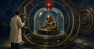Pulp sci-fi illustration of a robot sealed inside a bell jar ringed with brass bands and a red warning lamp, watched by a scientist at a periscope