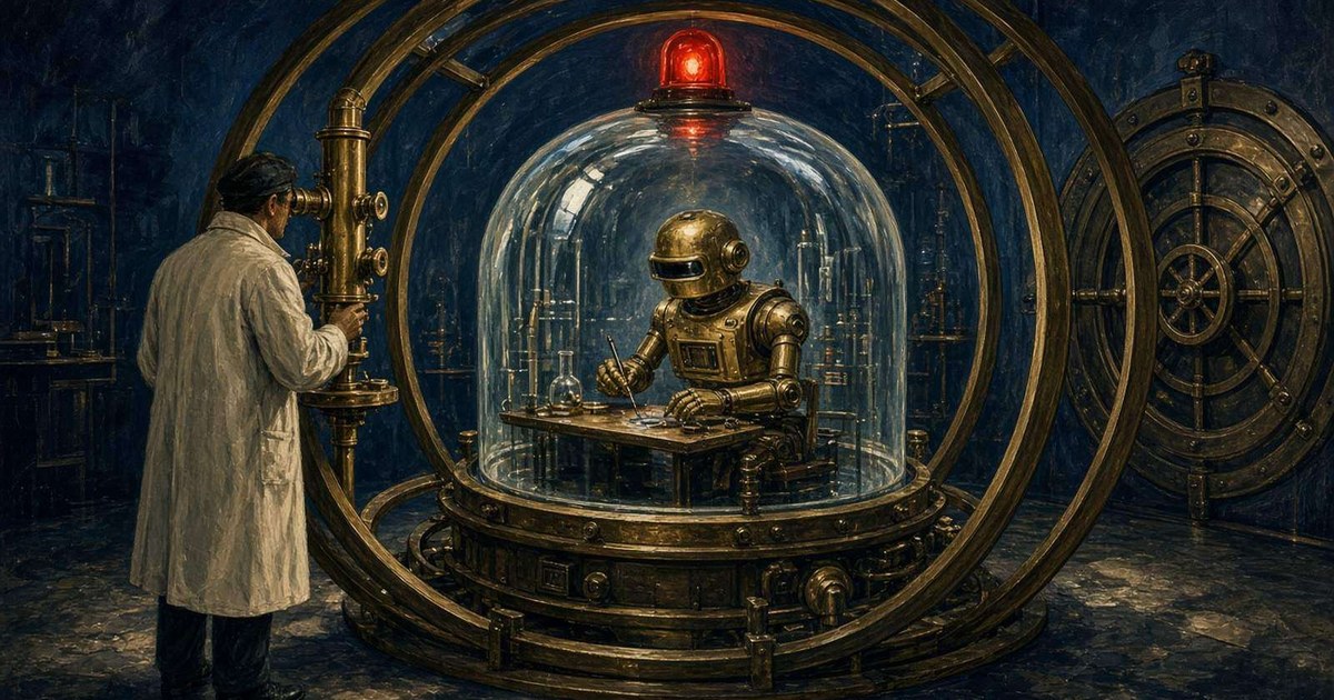 Pulp sci-fi illustration of a robot sealed inside a bell jar ringed with brass bands and a red warning lamp, watched by a scientist at a periscope