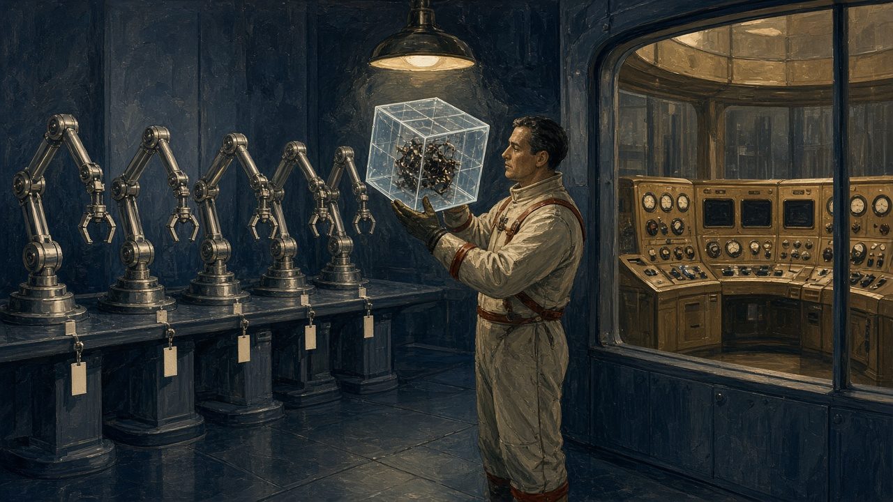 Pulp sci-fi illustration of a technician in a cream work suit holding a glowing wireframe crate up to a lamp, a faint dark tangle visible inside, beside a row of tagged chrome robot arms and a window onto a brass control room