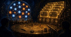 1950s pulp twin threat-intel consoles: left a glowing STIX knowledge graph under a glass dome, right a brass event-ledger of luminous indicator cards, war-room table between them