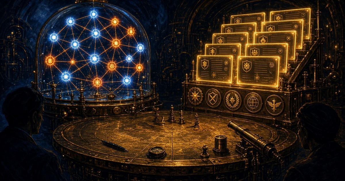 1950s pulp twin threat-intel consoles: left a glowing STIX knowledge graph under a glass dome, right a brass event-ledger of luminous indicator cards, war-room table between them