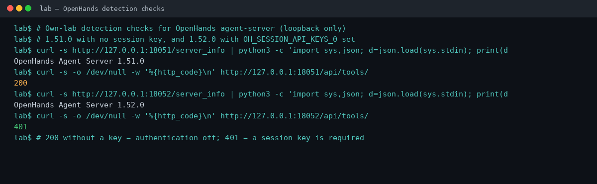 Terminal capture of own-lab checks: OpenHands Agent Server 1.51.0 returns HTTP 200 on /api/tools/ without a key; 1.52.0 with a session key returns 401.